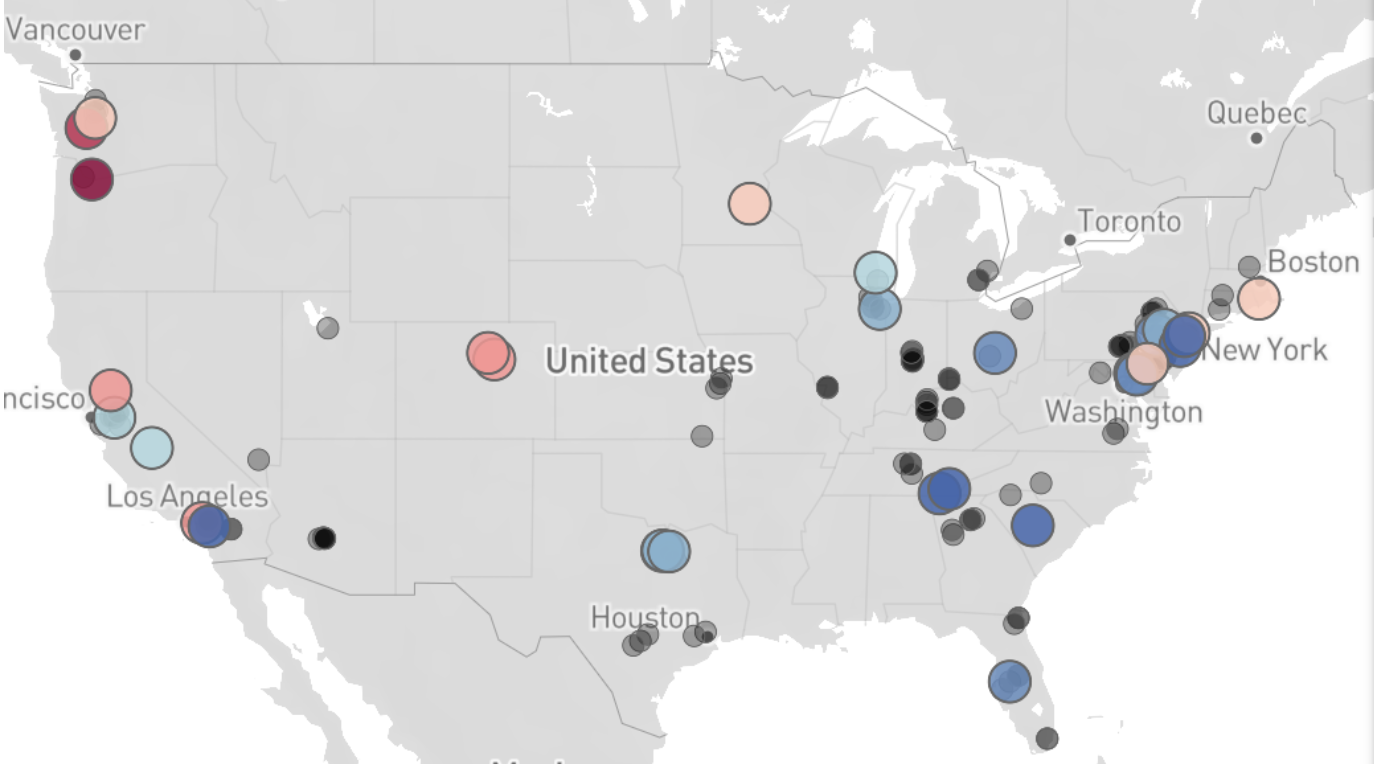 A map of the United States, overlaid with red and blue circles that encode the injury rates and locations of Amazon warehouses