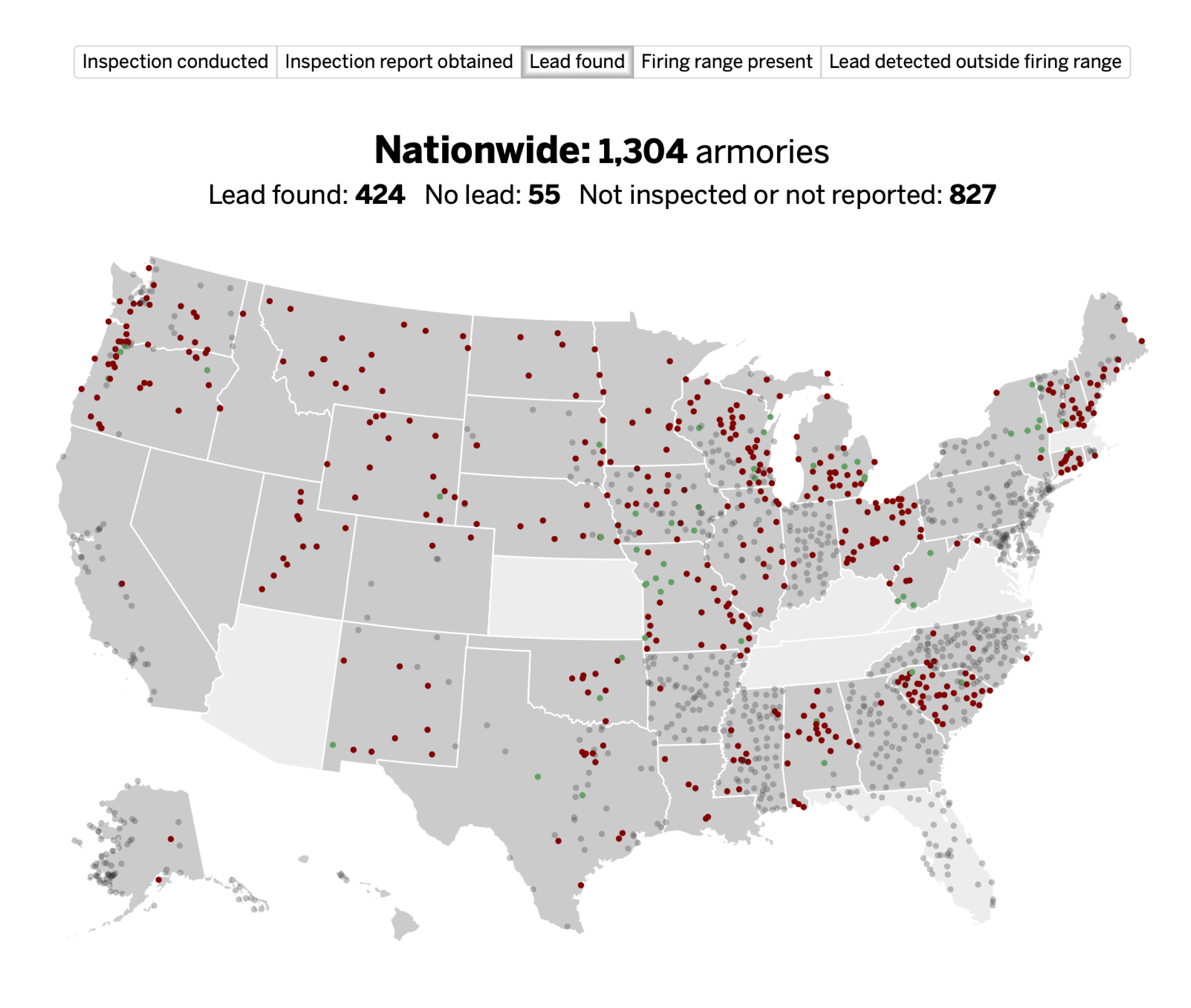 A gray and white map of the United States with red, green, and gray dots that encode where armories are located and whether lead was found there (red if so, green if not, and gray if the data is available).